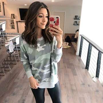 ECOWISH Women Side Split Sweatshirt: Fall Crewneck Long Sleeve Oversized Camo Shirts Casual Camouflage Print Pullover Tops