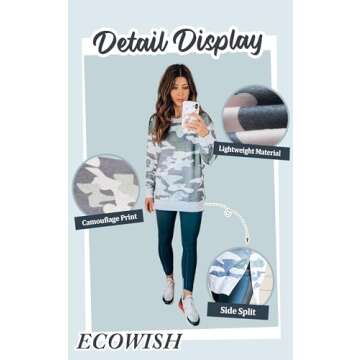 ECOWISH Women Side Split Sweatshirt: Fall Crewneck Long Sleeve Oversized Camo Shirts Casual Camouflage Print Pullover Tops
