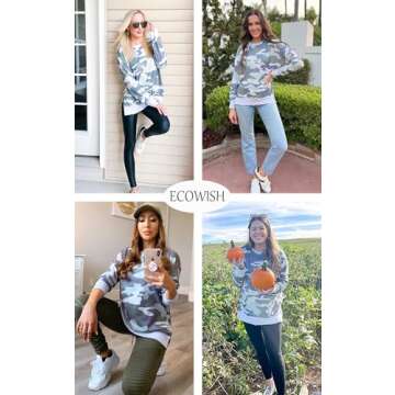 ECOWISH Women Side Split Sweatshirt: Fall Crewneck Long Sleeve Oversized Camo Shirts Casual Camouflage Print Pullover Tops