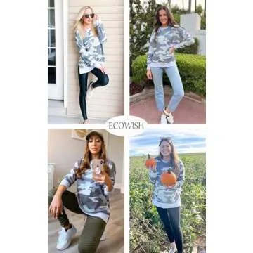 ECOWISH Women Side Split Sweatshirt: Fall Crewneck Long Sleeve Oversized Camo Shirts Casual Camouflage Print Pullover Tops