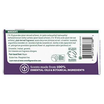 Seventh Generation Dryer Sheets Fabric Softener Fresh Lavender Scent with 100% Essential Oils and Bo...