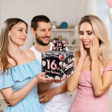 Sweet 16 Party Decorations, Rose Gold and Balck 16th Birthday Money Boxes for Girls, Sweet 16 Money Pull Box, 16 Year Old Surprise Money Boxes Party Supplies Favors