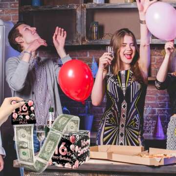 Sweet 16 Party Decorations, Rose Gold and Balck 16th Birthday Money Boxes for Girls, Sweet 16 Money Pull Box, 16 Year Old Surprise Money Boxes Party Supplies Favors