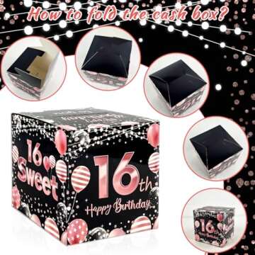 Sweet 16 Party Decorations, Rose Gold and Balck 16th Birthday Money Boxes for Girls, Sweet 16 Money Pull Box, 16 Year Old Surprise Money Boxes Party Supplies Favors
