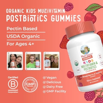 Kids Vitamins by MaryRuth's | USDA Organic | Kids Multivitamin Gummies + Postbiotics for Ages 4+ | Multivitamin for Kids with Lactobacillus Rhamnosus | Vitamins for Kids | Vegan | Non-GMO | 60 Count