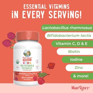 Kids Vitamins by MaryRuth's | USDA Organic | Kids Multivitamin Gummies + Postbiotics for Ages 4+ | Multivitamin for Kids with Lactobacillus Rhamnosus | Vitamins for Kids | Vegan | Non-GMO | 60 Count
