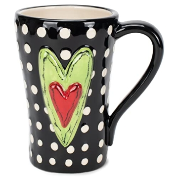 Heart & Dots Ceramic Mug - 15 Ounce Dishwasher Safe Stoneware