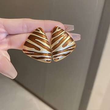 Vintage Pattern Triangle Dome Stud Earrings 925 Sterling Silver Post Pin for Women Hypoallergenic Piercing Studs Drop Earrings Fashion Dainty Jewelry (Brown)