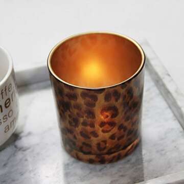 OSALADI Glass Candle Holder Tealight Stand Cup Fragrance Warmer Leopard Print Candlestick Holder Desktop Centerpiece for Home Wedding Decor