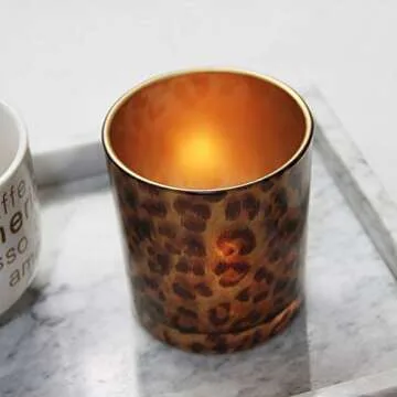 OSALADI Glass Candle Holder Tealight Stand Cup Fragrance Warmer Leopard Print Candlestick Holder Desktop Centerpiece for Home Wedding Decor