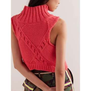 Hixiaohe Turtleneck Crochet Sweater Vest Fall Fashion Knit Sleeveless Tank Tops for Women Lightweigh...