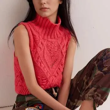 Hixiaohe Turtleneck Crochet Sweater Vest for Women