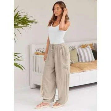 LILLUSORY Women Linen Summer Spring Fashion Outfits Palazzo Casual Flowy Pants Wide Leg Trouser Boho Lounge Drawstring Loose Lightweight Beach Trendy Harem Hippie Clothes with Pocket Light Apricot S