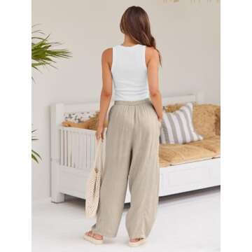 LILLUSORY Women Linen Summer Spring Fashion Outfits Palazzo Casual Flowy Pants Wide Leg Trouser Boho Lounge Drawstring Loose Lightweight Beach Trendy Harem Hippie Clothes with Pocket Light Apricot S