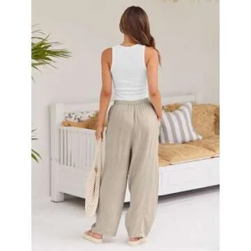 LILLUSORY Women Linen Summer Spring Fashion Outfits Palazzo Casual Flowy Pants Wide Leg Trouser Boho Lounge Drawstring Loose Lightweight Beach Trendy Harem Hippie Clothes with Pocket Light Apricot S