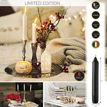 Straight Black Candlesticks - Pack of 8 6" Coated Black Candles - 5 Hour Long Burning Unscented Candles for Halloween, Chime, Wedding, and Home Decoration