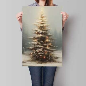 XMQQLL Vintage Christmas Tree Canvas Wall Art, Light Up Christmas Tree Painting Poster, Muted Neutra...