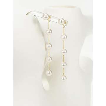 Voaino Long Pearl Earrings for Women 14K Gold Plated Pearl Dangle Earrings Hypoallergenic Elegant Wedding Pearl Tassel Earrings for Bridal (gold long pearl)