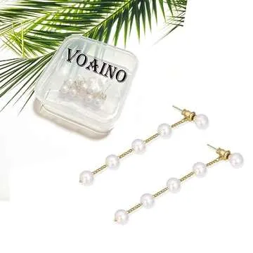 Voaino Long Pearl Earrings for Women 14K Gold Plated Pearl Dangle Earrings Hypoallergenic Elegant Wedding Pearl Tassel Earrings for Bridal (gold long pearl)
