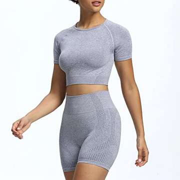 Aoxjox Yoga Outfit for Women Seamless 2 Piece Workout Gym Vital High Waist Shorts with Short Sleeve Crop Top Set (Steel Blue Marl, Large)