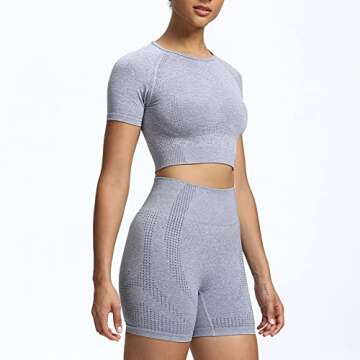 Aoxjox Yoga Outfit for Women Seamless 2 Piece Workout Gym Vital High Waist Shorts with Short Sleeve Crop Top Set (Steel Blue Marl, Large)