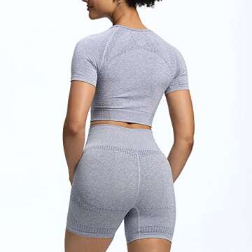 Aoxjox Yoga Outfit for Women Seamless 2 Piece Workout Gym Vital High Waist Shorts with Short Sleeve Crop Top Set (Steel Blue Marl, Large)