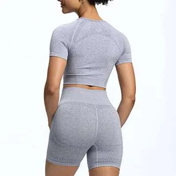 Aoxjox Yoga Outfit for Women Seamless 2 Piece Workout Gym Vital High Waist Shorts with Short Sleeve Crop Top Set (Steel Blue Marl, Large)