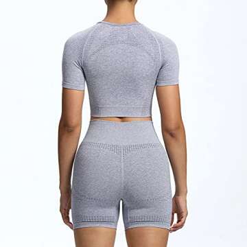 Aoxjox Yoga Outfit for Women Seamless 2 Piece Workout Gym Vital High Waist Shorts with Short Sleeve Crop Top Set (Steel Blue Marl, Large)