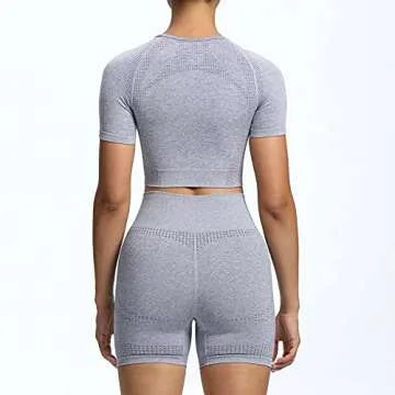 Aoxjox Yoga Outfit for Women Seamless 2 Piece Workout Gym Vital High Waist Shorts with Short Sleeve Crop Top Set (Steel Blue Marl, Large)