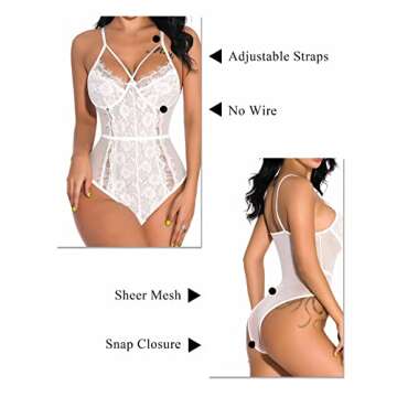 Aranmei Lingerie for Women Eyelash Lace Strappy Sexy Teddy Babydoll Lingerie with Snap Crotch White