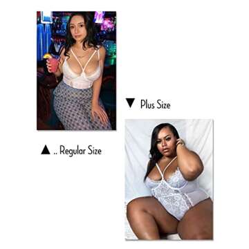 Aranmei Lingerie for Women Eyelash Lace Strappy Sexy Teddy Babydoll Lingerie with Snap Crotch White