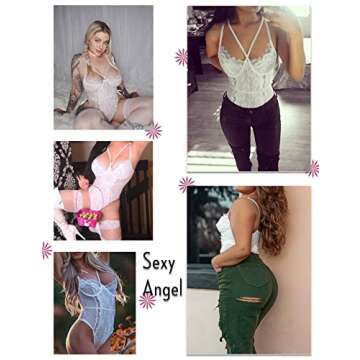 Aranmei Lingerie for Women Eyelash Lace Strappy Sexy Teddy Babydoll Lingerie with Snap Crotch White