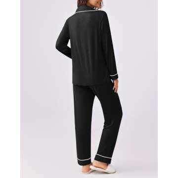 Ekouaer Womens Pajamas Set 2 Piece Button Down Sleepwear Soft Long Sleeve Top and Pants Pjs Lounge Sets Black L