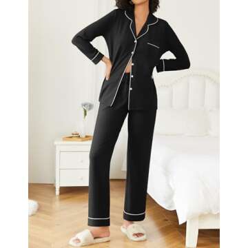 Ekouaer Womens Pajamas Set 2 Piece Button Down Sleepwear Soft Long Sleeve Top and Pants Pjs Lounge Sets Black L