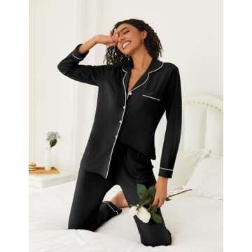 Ekouaer Womens Pajamas Set 2 Piece Button Down Sleepwear Soft Long Sleeve Top and Pants Pjs Lounge Sets Black L