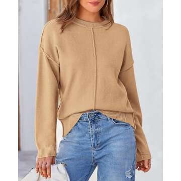 KIRUNDO Women's 2024 Fall Winter Long Sleeve Sweaters Casual Dressy Crewneck Exposed Seam Warm Loose Knit Pullover Tops Khaki