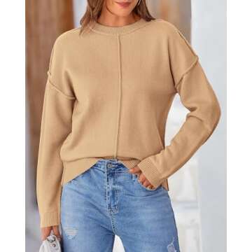 KIRUNDO Women's 2024 Fall Winter Long Sleeve Sweaters Casual Dressy Crewneck Exposed Seam Warm Loose Knit Pullover Tops Khaki