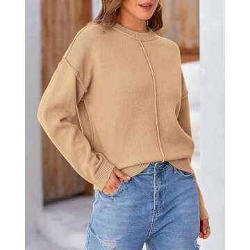 KIRUNDO Women's 2024 Fall Winter Long Sleeve Sweaters Casual Dressy Crewneck Exposed Seam Warm Loose Knit Pullover Tops Khaki