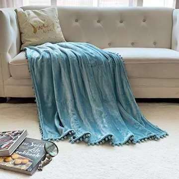 LOMAO Flannel Blanket with Pompom Fringe Lightweight Cozy Bed Blanket Soft Throw Blanket fit Couch Sofa Suitable for All Season (51x63) (Light Blue)