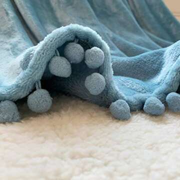 LOMAO Flannel Blanket with Pompom Fringe Lightweight Cozy Bed Blanket Soft Throw Blanket fit Couch Sofa Suitable for All Season (51x63) (Light Blue)