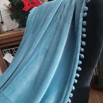 LOMAO Flannel Blanket with Pompom Fringe Lightweight Cozy Bed Blanket Soft Throw Blanket fit Couch Sofa Suitable for All Season (51x63) (Light Blue)