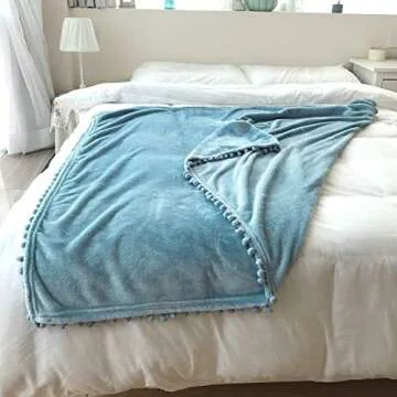 LOMAO Flannel Blanket with Pompom Fringe Lightweight Cozy Bed Blanket Soft Throw Blanket fit Couch Sofa Suitable for All Season (51x63) (Light Blue)