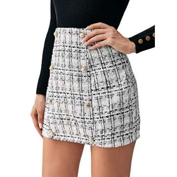 SweatyRocks Women's Elegant High Waist A-line Plaid Tweed Mini Skirt Black and White L