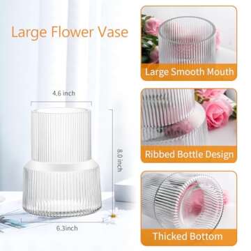 Megarte Clear Glass Flower Vase - 8 Inch Cylinder High Wide Mouth Fluted Ribbed Bud Vase - Modern Wedding Big Round Centerpieces - Large Vintage Decorative for Living Room Kitchen Dining Table Home