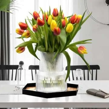 Megarte Clear Glass Flower Vase - 8 Inch Cylinder High Wide Mouth Fluted Ribbed Bud Vase - Modern Wedding Big Round Centerpieces - Large Vintage Decorative for Living Room Kitchen Dining Table Home