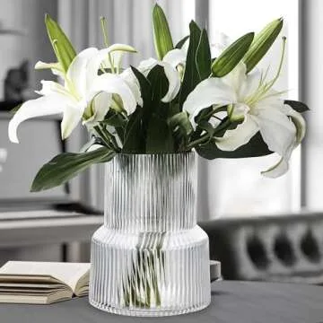 Megarte Clear Glass Flower Vase - 8 Inch Cylinder High Wide Mouth Fluted Ribbed Bud Vase - Modern Wedding Big Round Centerpieces - Large Vintage Decorative for Living Room Kitchen Dining Table Home