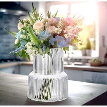 Megarte Clear Glass Flower Vase - 8 Inch Cylinder High Wide Mouth Fluted Ribbed Bud Vase - Modern Wedding Big Round Centerpieces - Large Vintage Decorative for Living Room Kitchen Dining Table Home