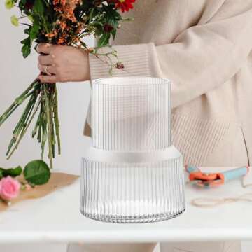 Megarte Clear Glass Flower Vase - 8 Inch Cylinder High Wide Mouth Fluted Ribbed Bud Vase - Modern Wedding Big Round Centerpieces - Large Vintage Decorative for Living Room Kitchen Dining Table Home