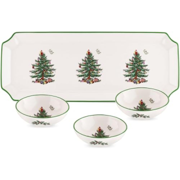 Spode Christmas Tree Rectangular Tray with Dipping Bowls Set - 4 Piece Holiday Serveware for Festive...