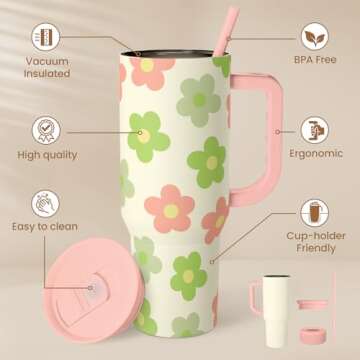 SANDJEST Daisy Tumbler with Handle 40oz, Floral Cup Stainless Steel Insulated Tumblers Coffee Travel...